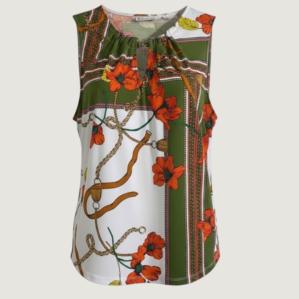 NY&Co 7th Avenue Blouse Women Large Green Floral Scarf Print Keyhole Top Chic